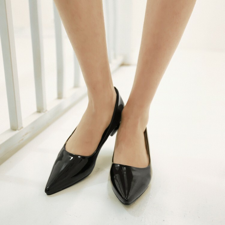 Pointy Toe Patent leather Shoes Womens Trendy Block Pumps Mid Heels Plus Size