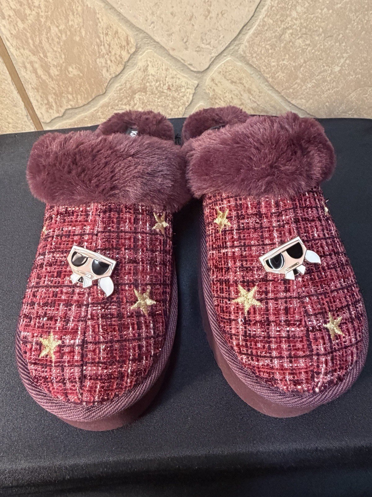Karl Lagerfeld Hessa Tweed Plum/Purple Platform Slides Slippers Shoe Women Sz 8M