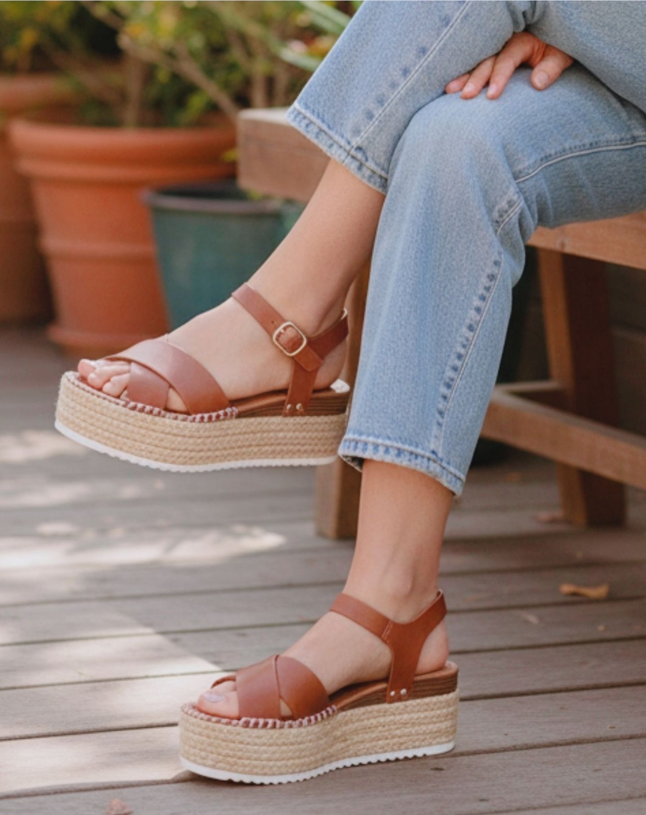 Tan Platform Espadrille Sandals With Buckle Strap Crisscross Upper & White Sole