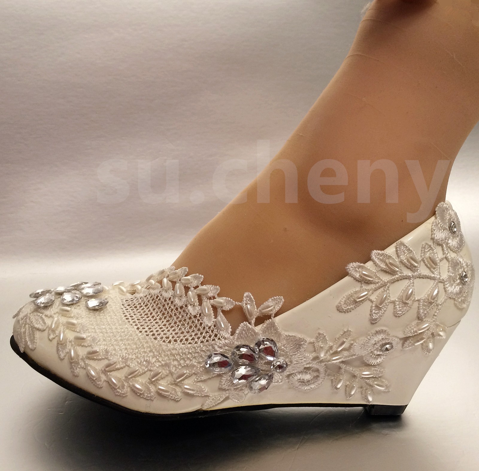su.cheny White ivory wedge pearls lace crystal rhinestone Wedding Bridal shoes