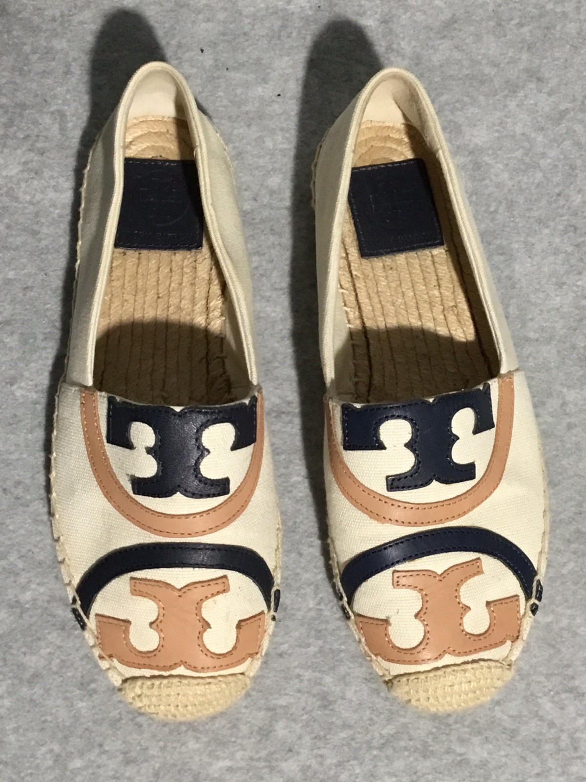 Tory Burch Poppy Espadrille Flats Size 7 Cream Tan Canvas Leather Logo Slip On