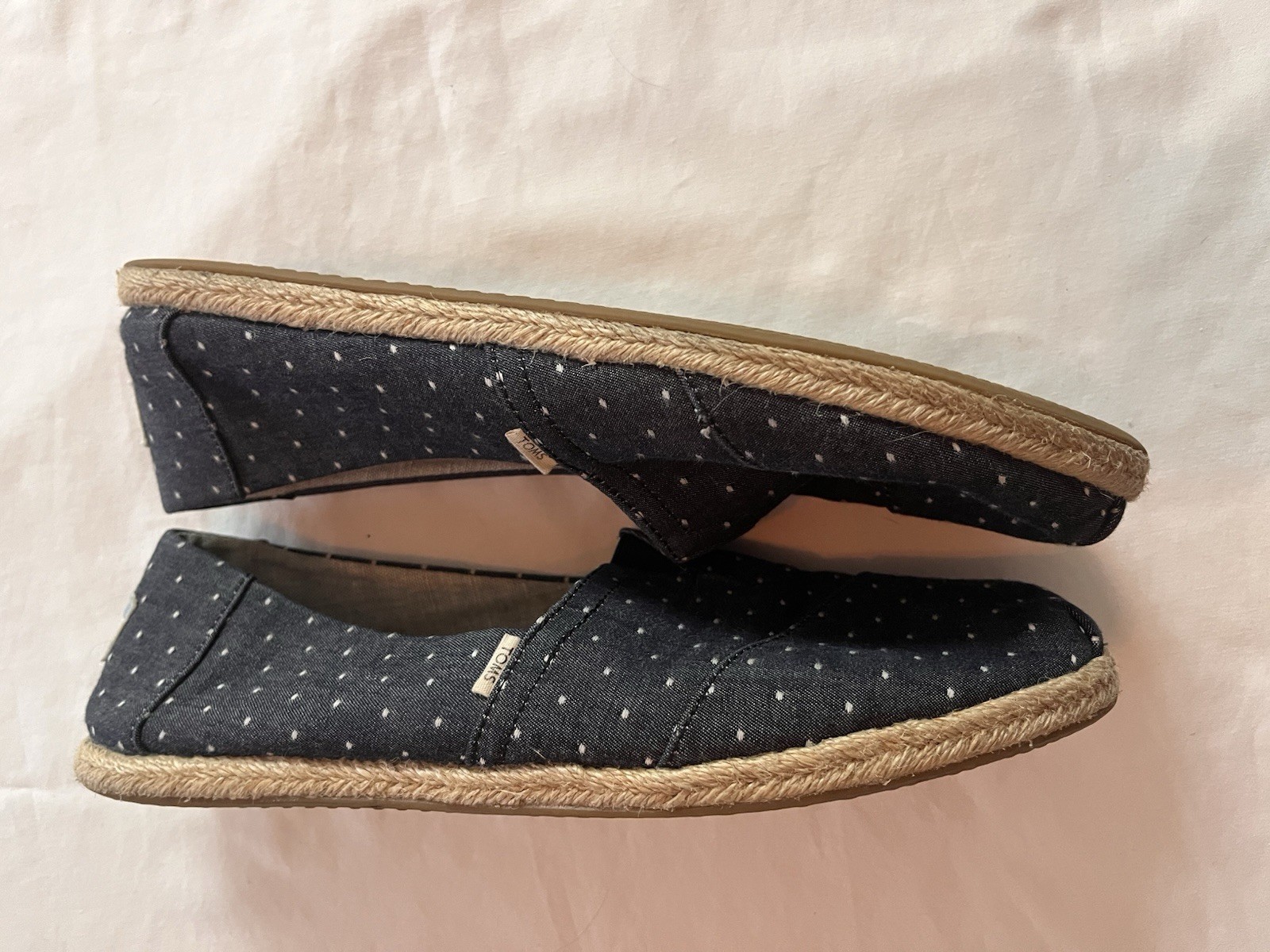 TOMS Women’s Slip On Shoes Size 10 Alpargata Navy Blue Polka Dot Chambray