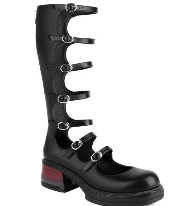 Womens Mid Cuban Heels Calf Boots Roman Straps Cosplay Multi Buckles Shoes Roman