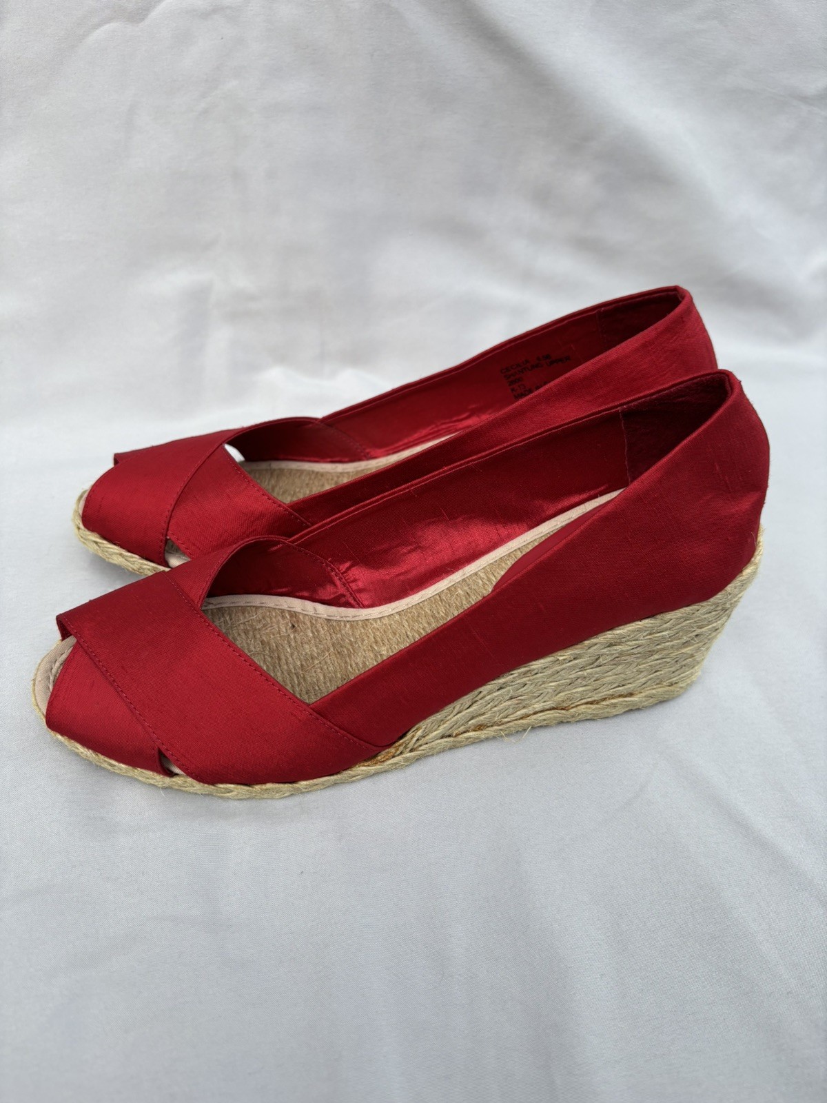 Ralph Lauren Cecilia Peep-Toe Red Silk Wedge Espadrilles, Size 8.5B
