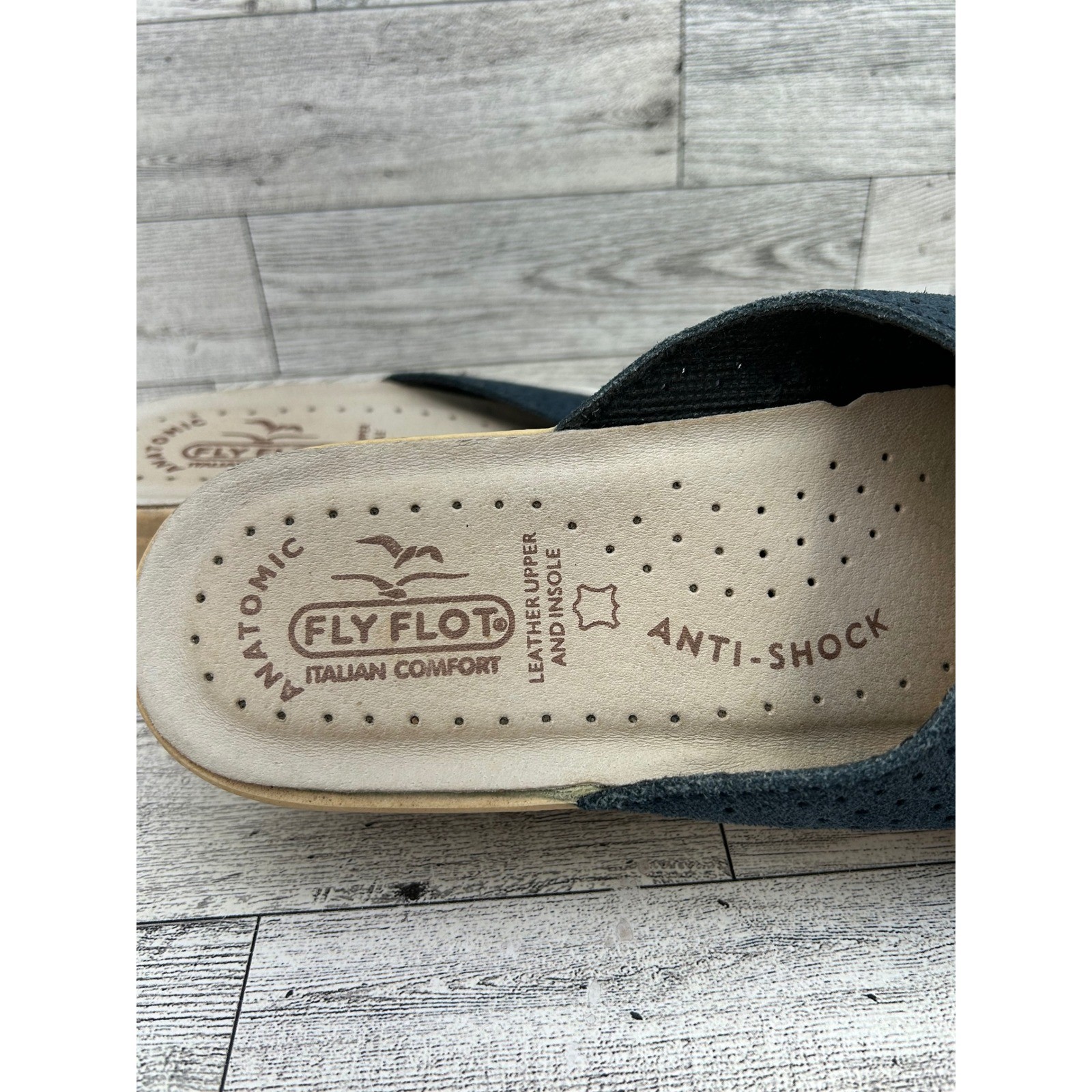 FLY FLOT Women Navy Blue Leather Perforated Slide Sandals Comfort Sz EU 39 US 8