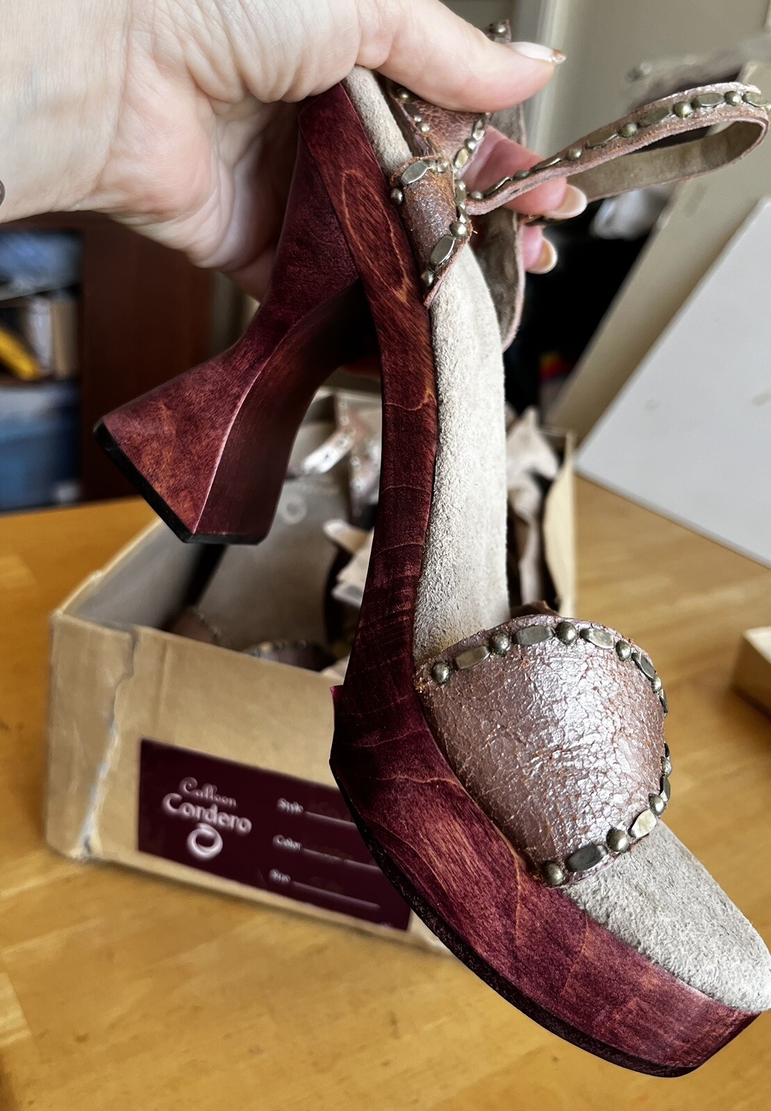 Calleen Cordero studded Kaia Metallic leather Wood Hourglass Heel Sandals Sz 5.5