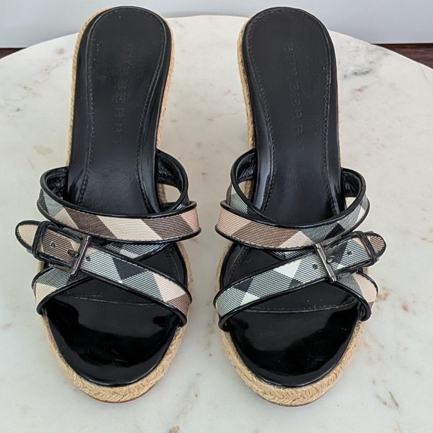 Burberry Nova Check Espadrille Wedge Sandals Black Patent Leather IT 37 3460643