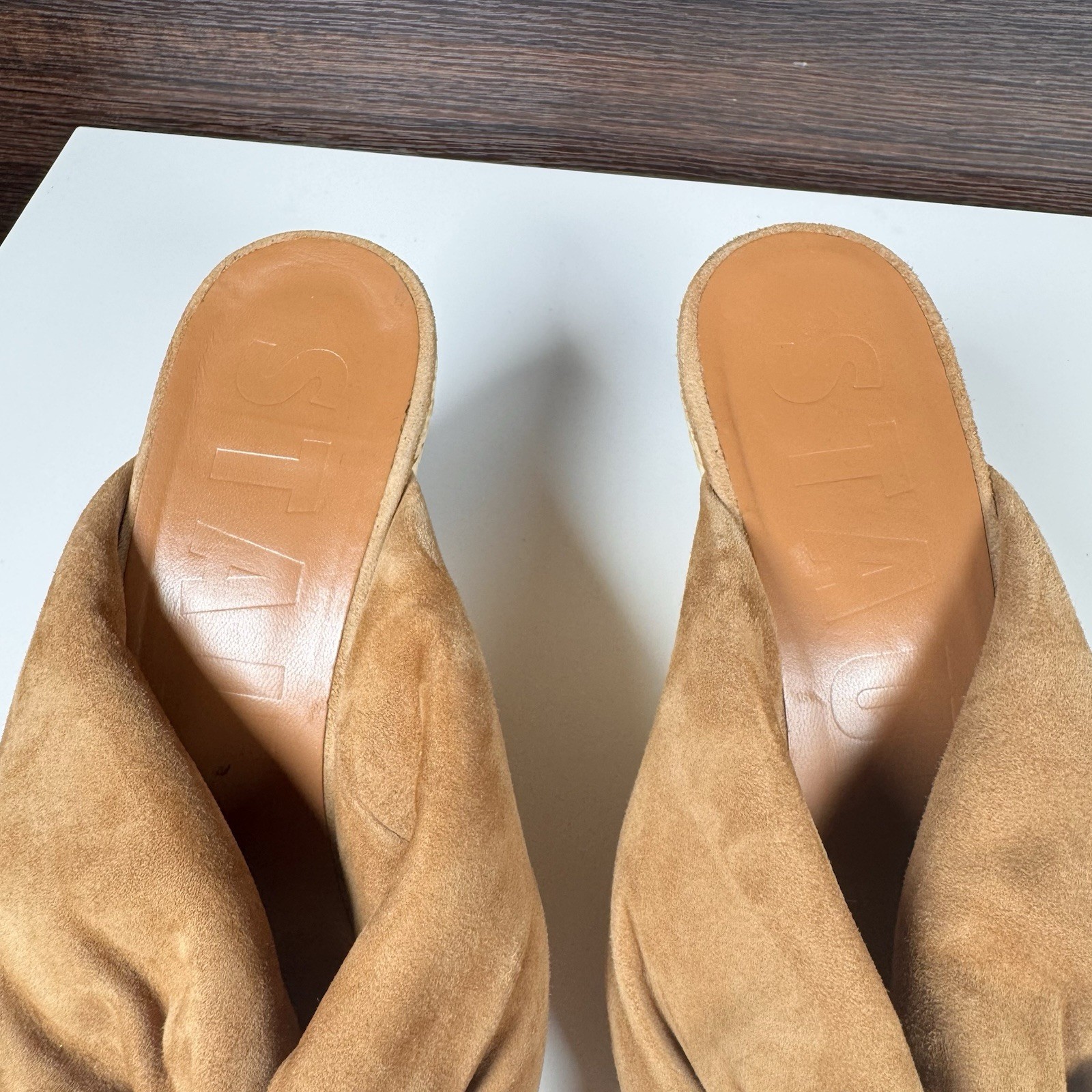 STAUD Dahlia Suede Knot Sandals Wedge Heel Tan Portugal Women’s size 9 / EU 39