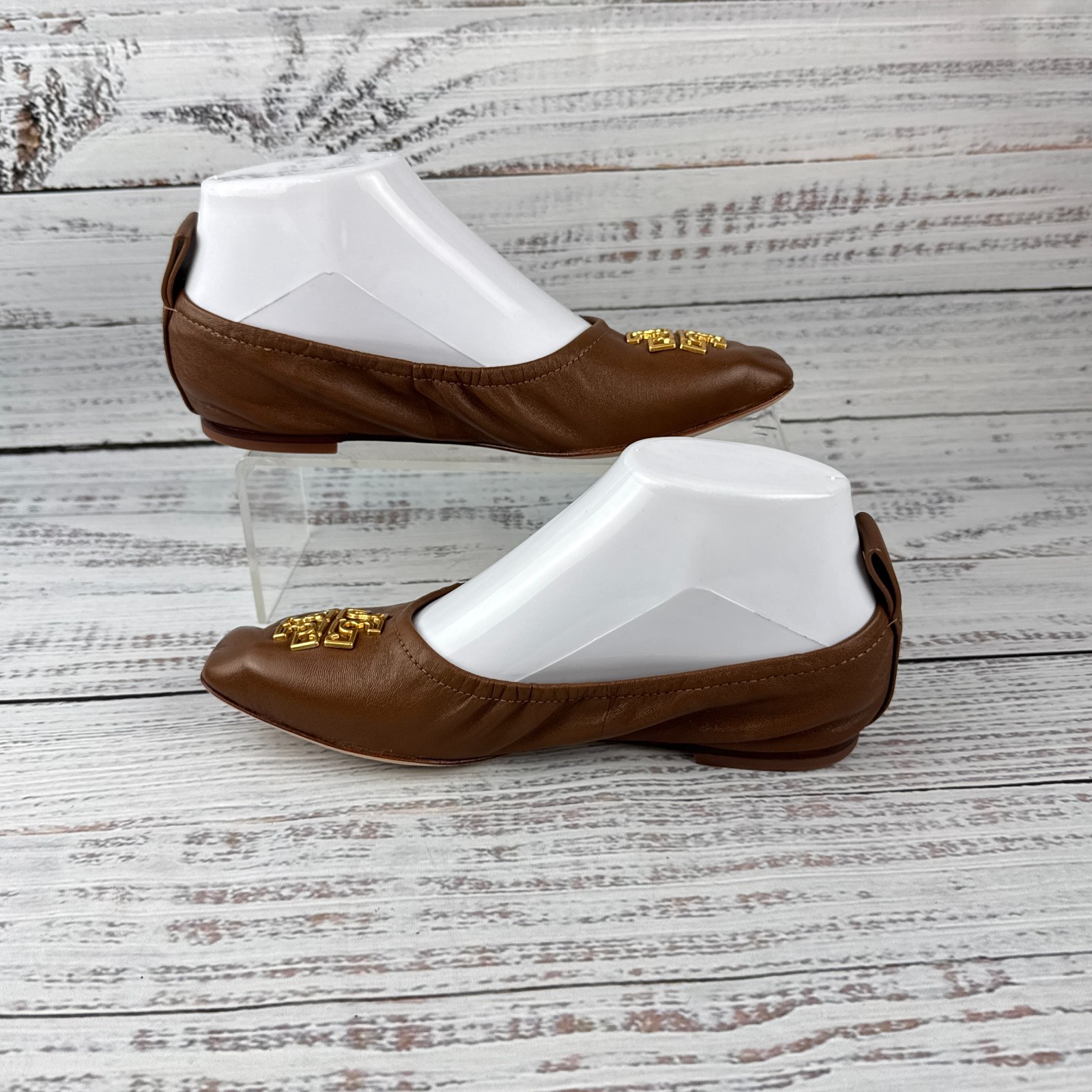 Tory Burch Britten Womens US 5M Ballet Flats Brown Leather Gold Logo