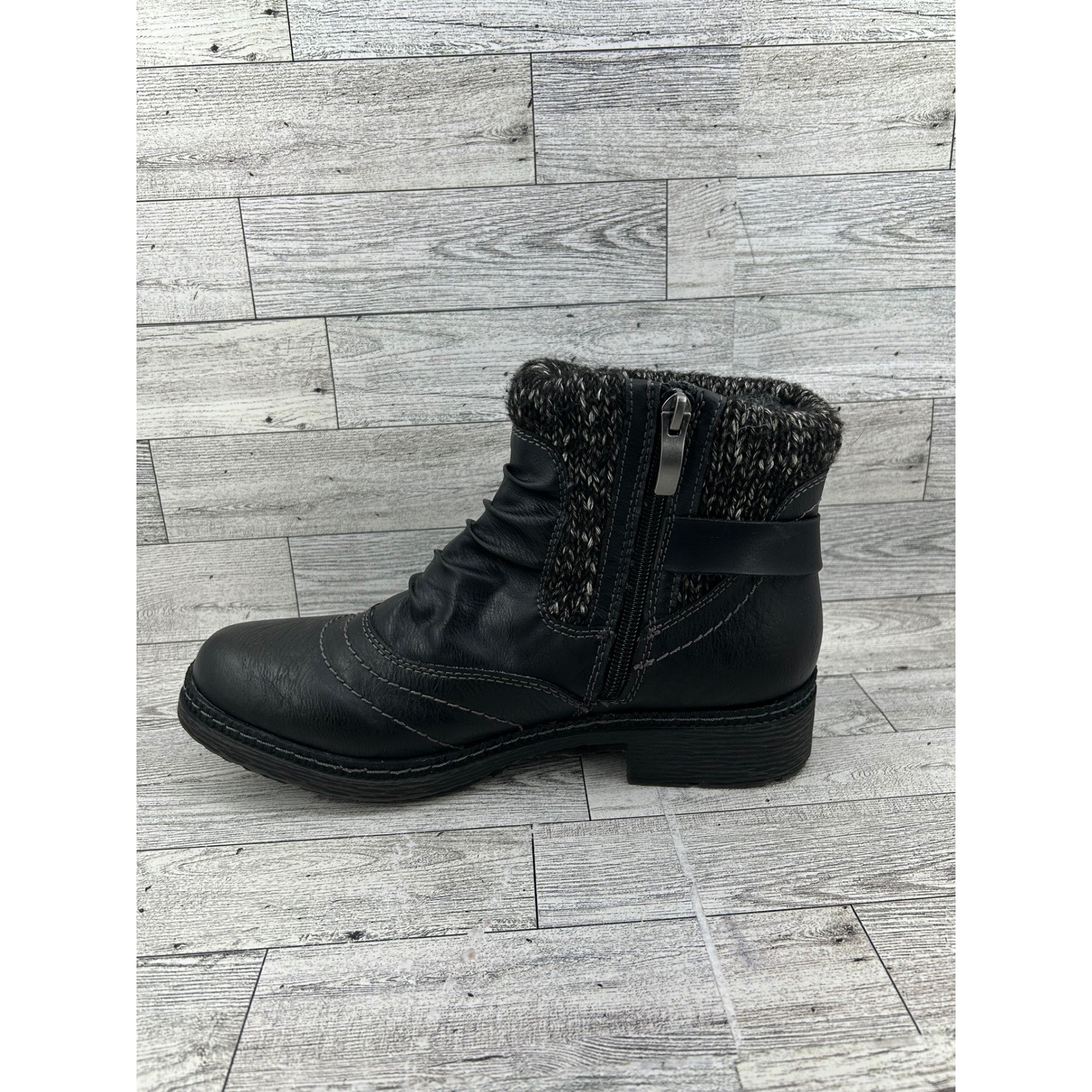 Spring Step Black Leather Ruched Ankle Boots Knit Collar Faux Fur Women EU40 US9