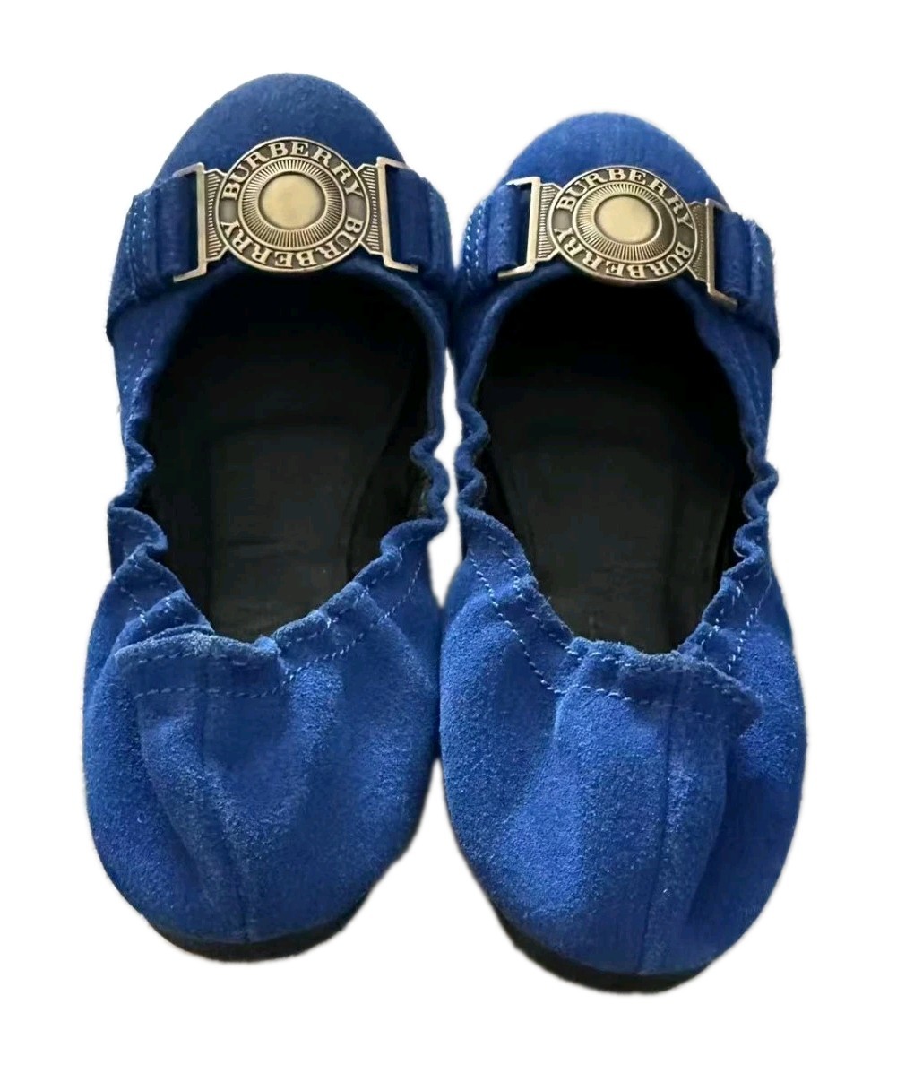 Burberry Blue Suede Ballet Flats Gold Logo Plaque Elastic Slip On Shoes 38