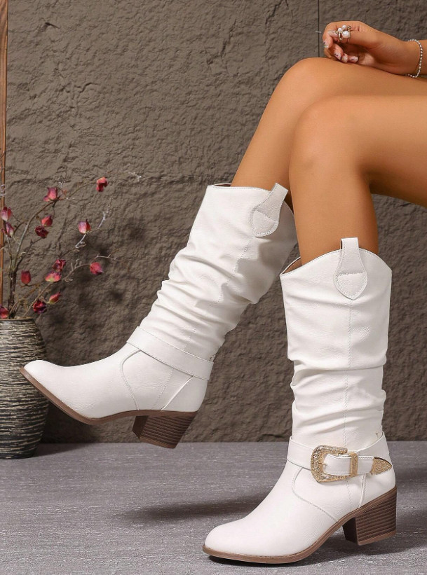 Fall/Winter New Style White Pleated Slip-On Mid-Heel Round Toe Mid-Calf Boots