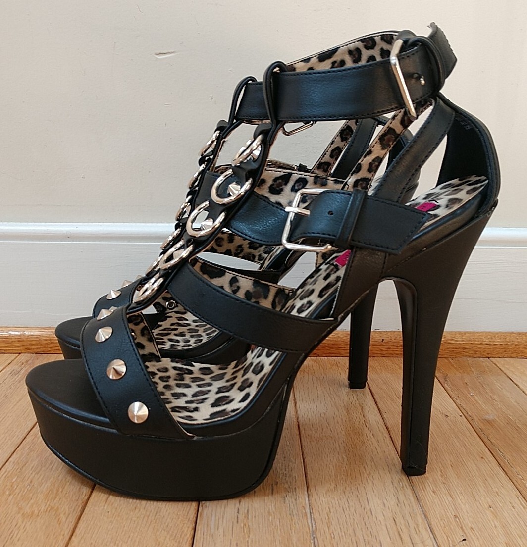 Pleaser FLAMINGO-858 8″ Heel, Platform Strappy Stilettos Rings and Studs Sz 13