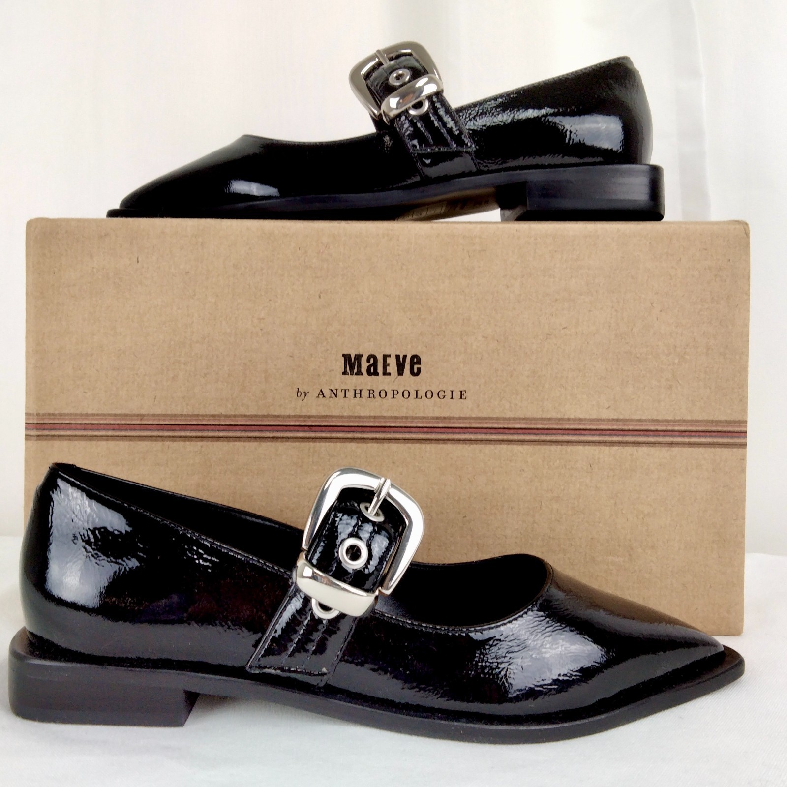 Maeve Pointed-Toe Moto Mary Jane Flats – Black Patent Leather – Size 38 US 7.5