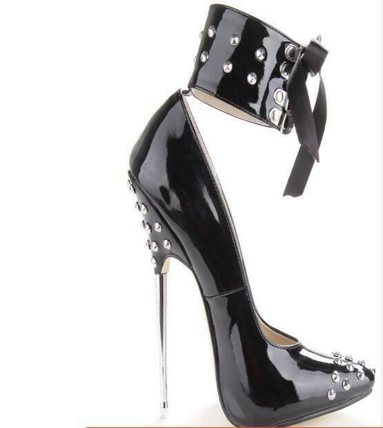 Womens Pointed Toe Ankle Strap Rivet 16cm High Heel Lace Up Stilettos Clubwear