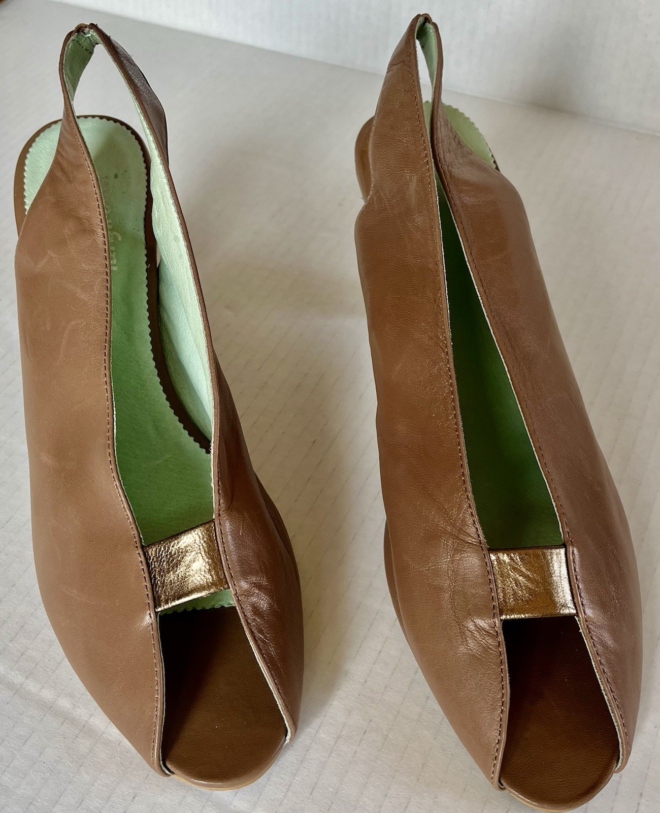 Farylrobin Women’s Brown Leather with gold slingback Peep Toe Slip-On Pumps 9