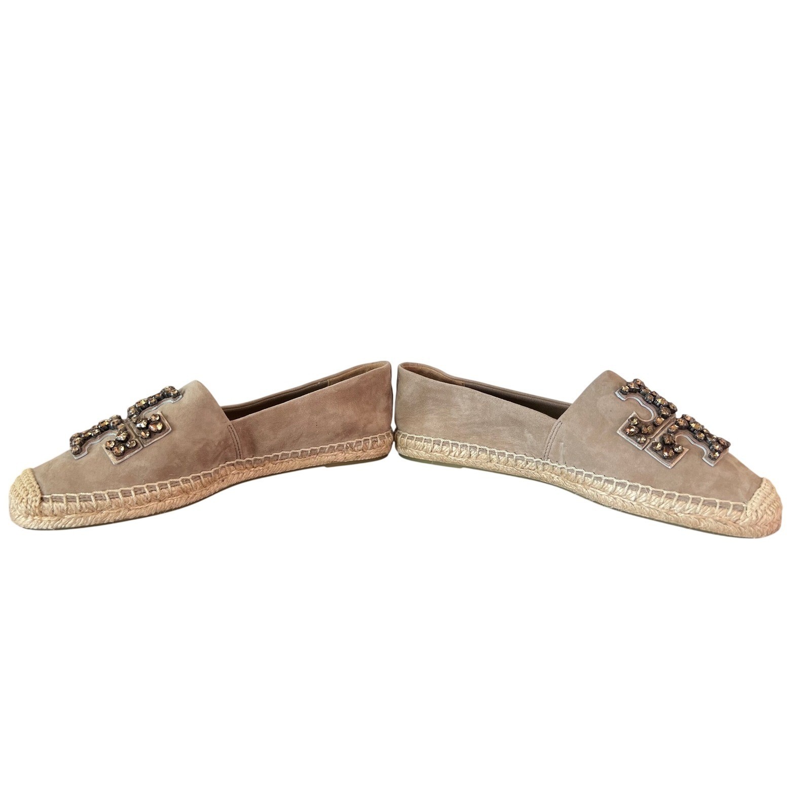 Tory Burch Ines Embellished Suede Espadrilles Taupe Tan Crystal Logo Flats 6.5M