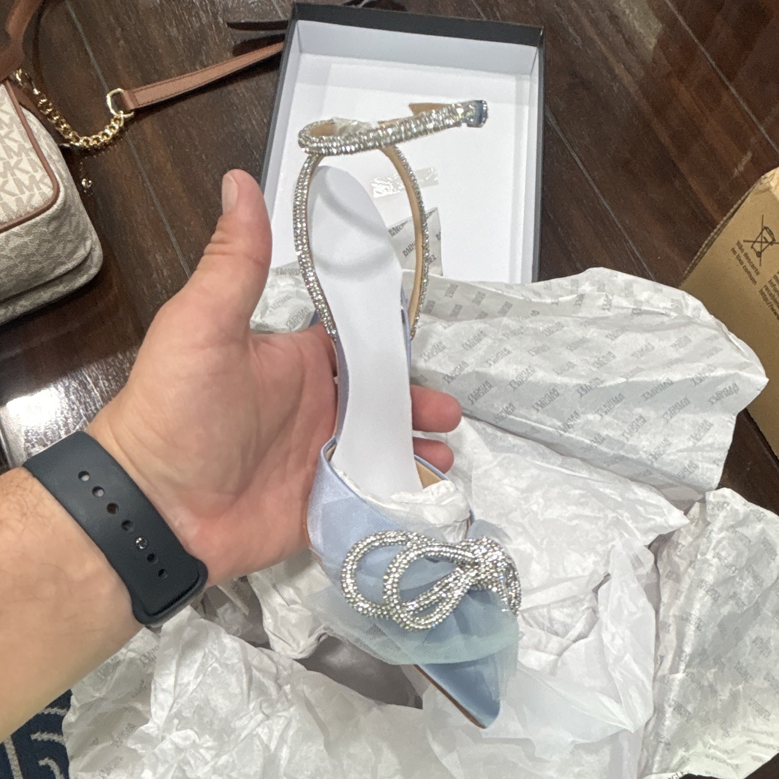 Badgley Mischka Blue Leather Pointed Toe Crystal Bow Ankle Strap Heels 5