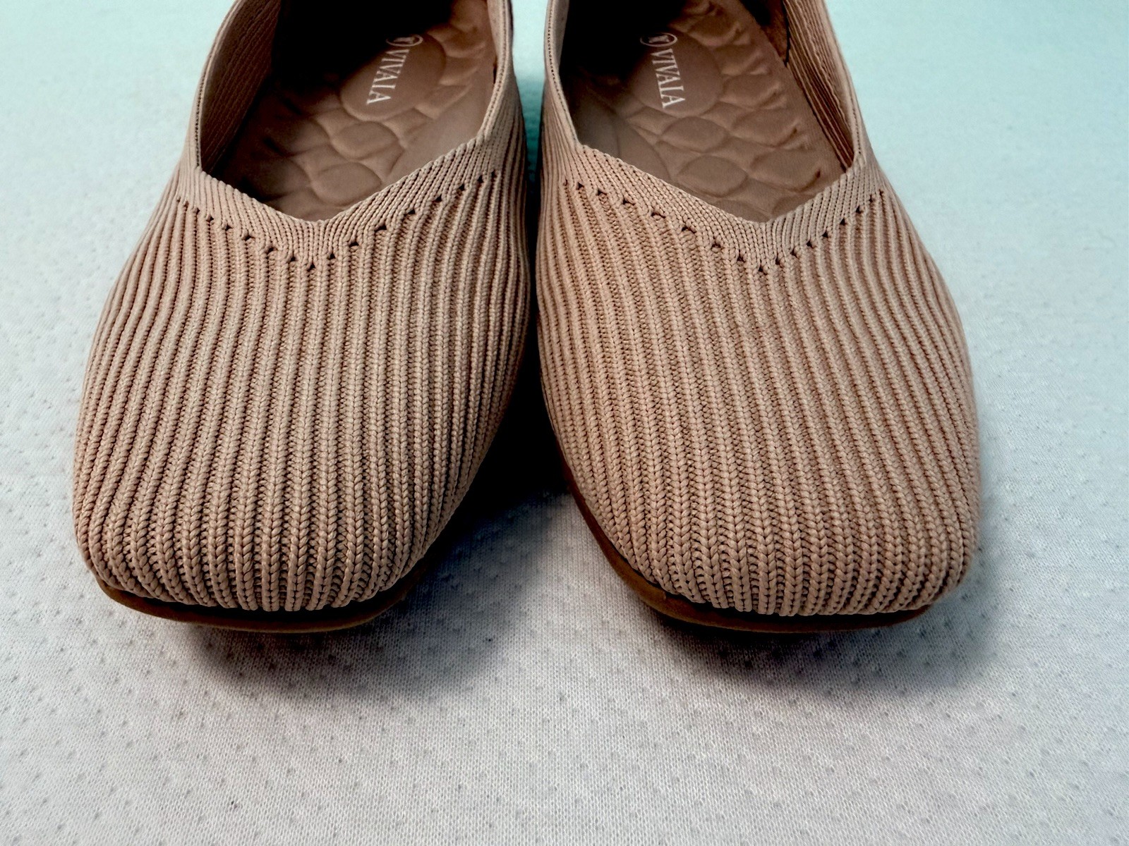 Vivaia Margot Square Toe Comfort Flats Women US 5 Camel Tan V Cut Ribbed Pull On