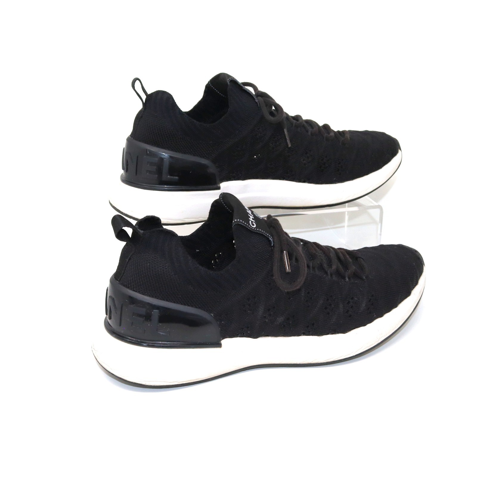 Chanel Tennies 39 Black Fabric Quilted Logo Matelasse Knit Sneakers