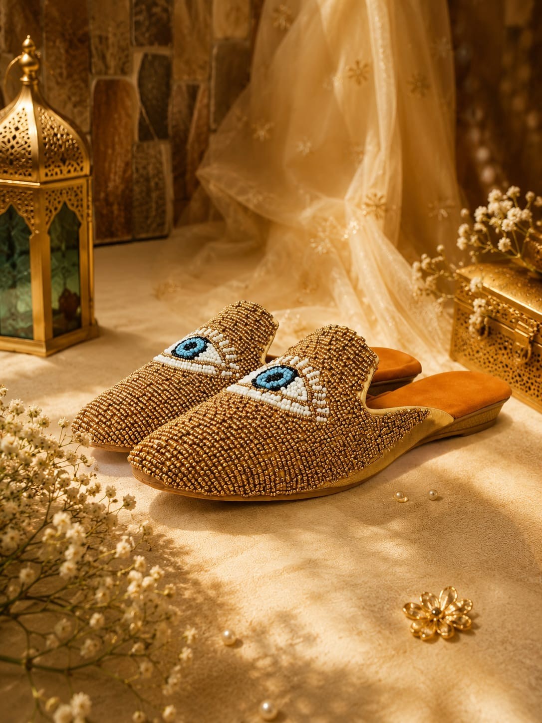 Women’s Beaded Evil Eye Mules Slip On Flats Ethnic Handmade Comfort Shoes