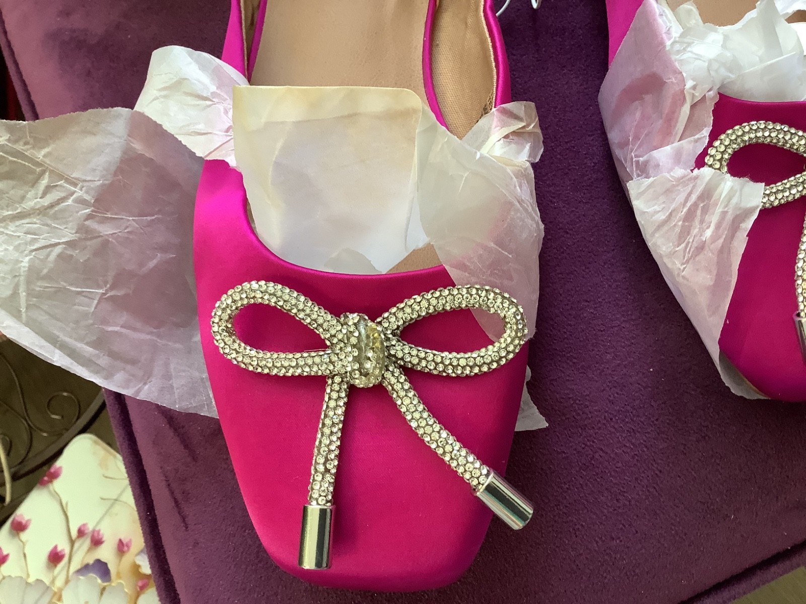 Torrid 9 1/2 Wide Hot Pink Satin Rhinestone Bow Slip On Flats