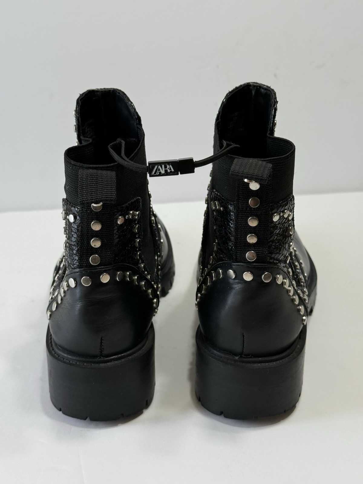 ZARA Black Studded Chunky Lug Sole Biker Ankle Boots Women’s Sz 37 (6.5)
