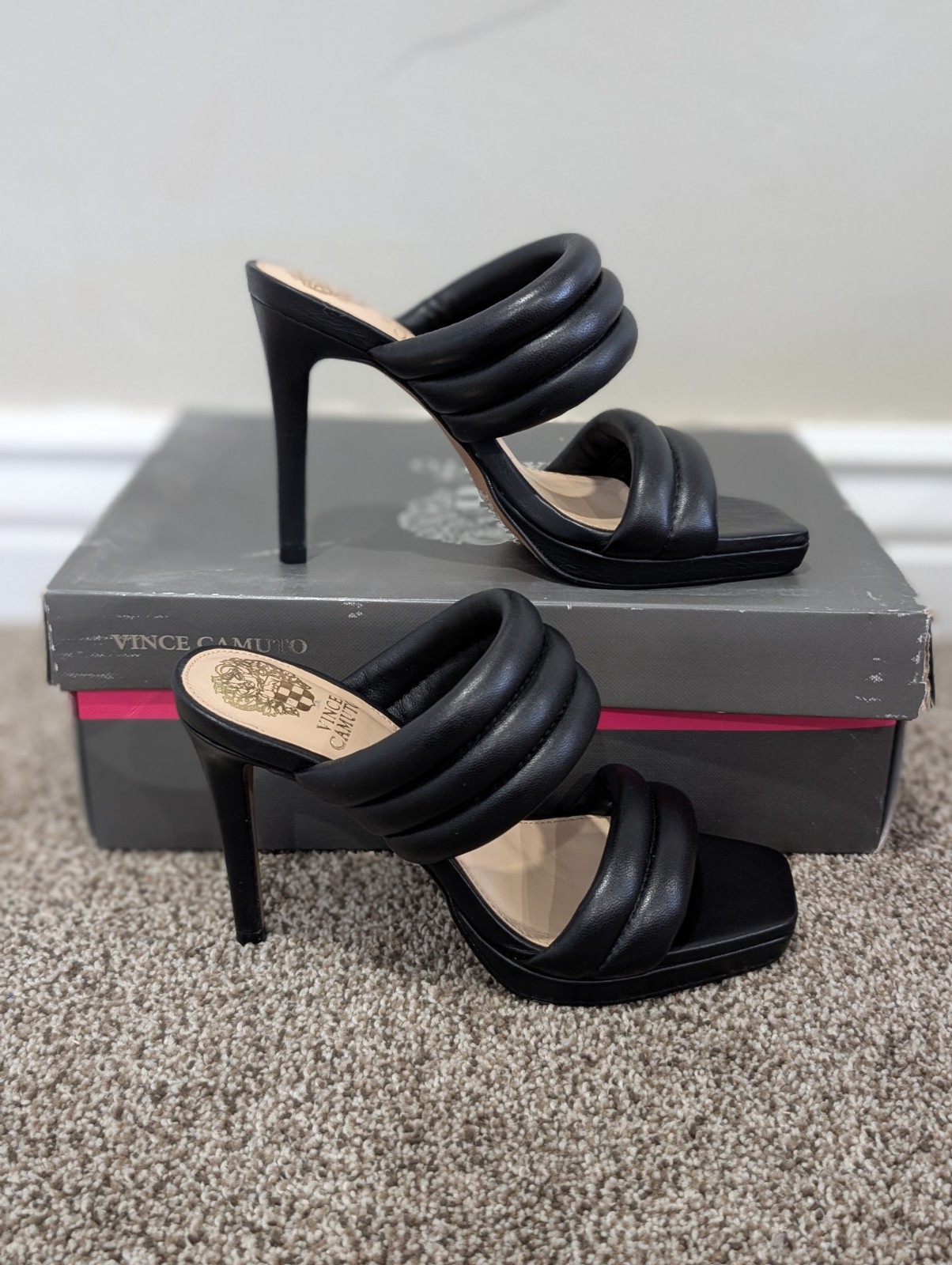 Size 5 Women’s Vince Camuto Eluinsa Black Nappa 2 Strap Slip On High Heels