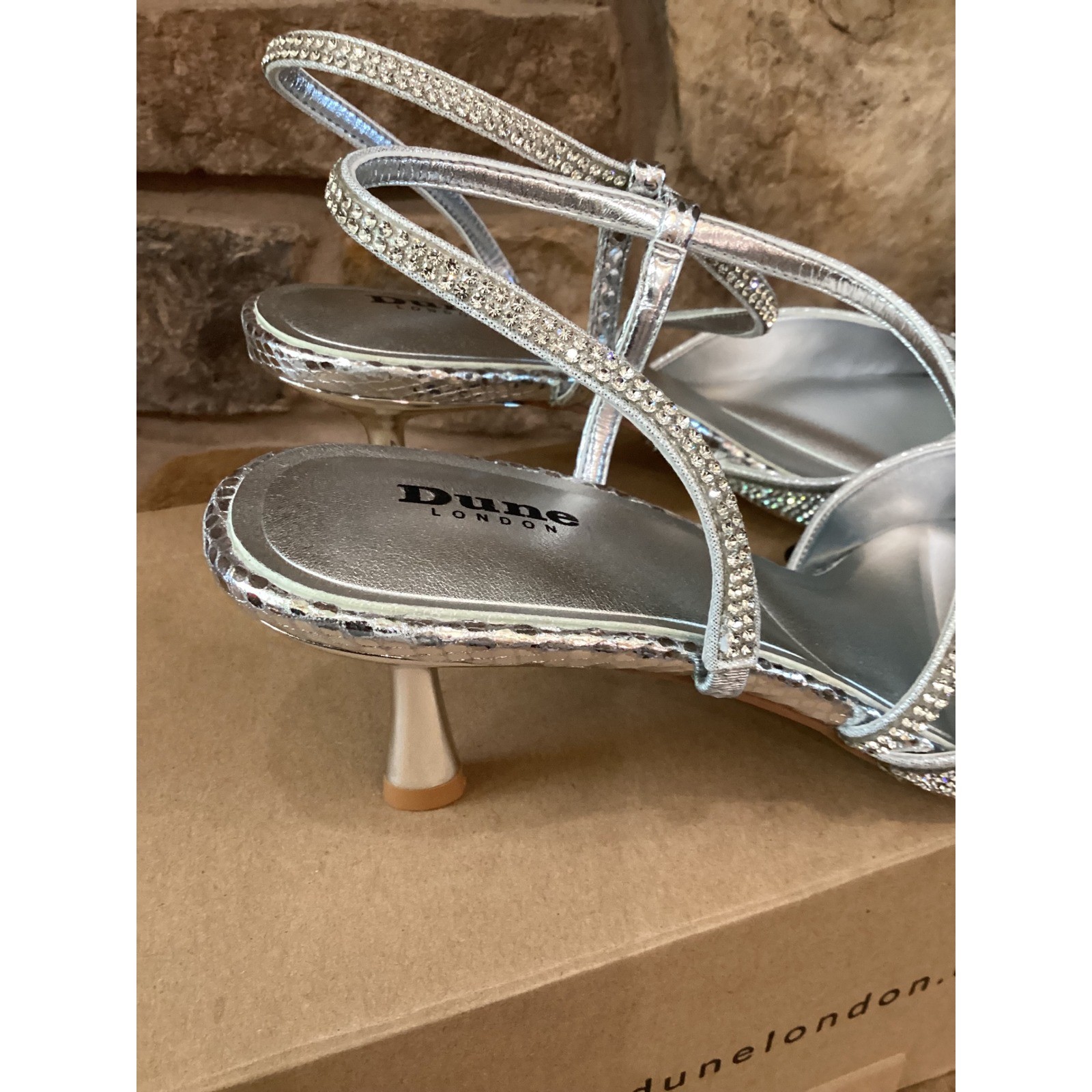 Dune London Competitive Silver Rhinestone Slingback Kitten Heel Pumps 39/9 NEW