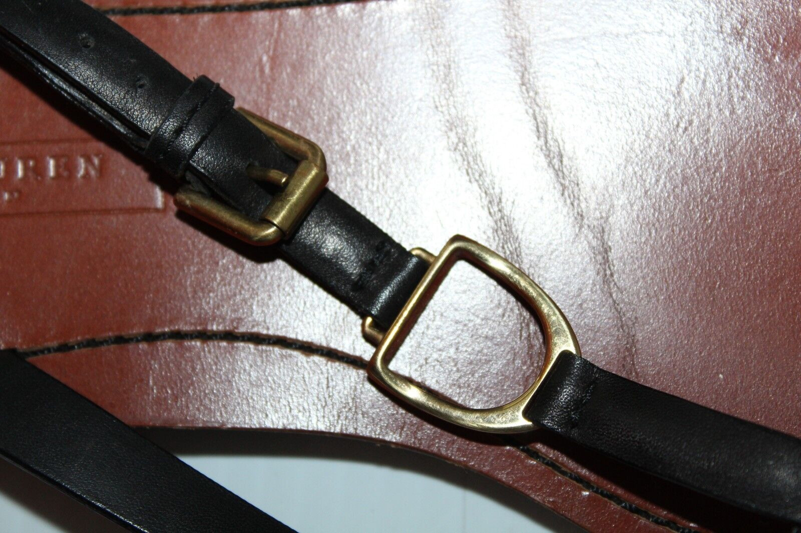Ralph Lauren Collection Black Leather Thong Sandals Gold Stirrup Size 6.5B