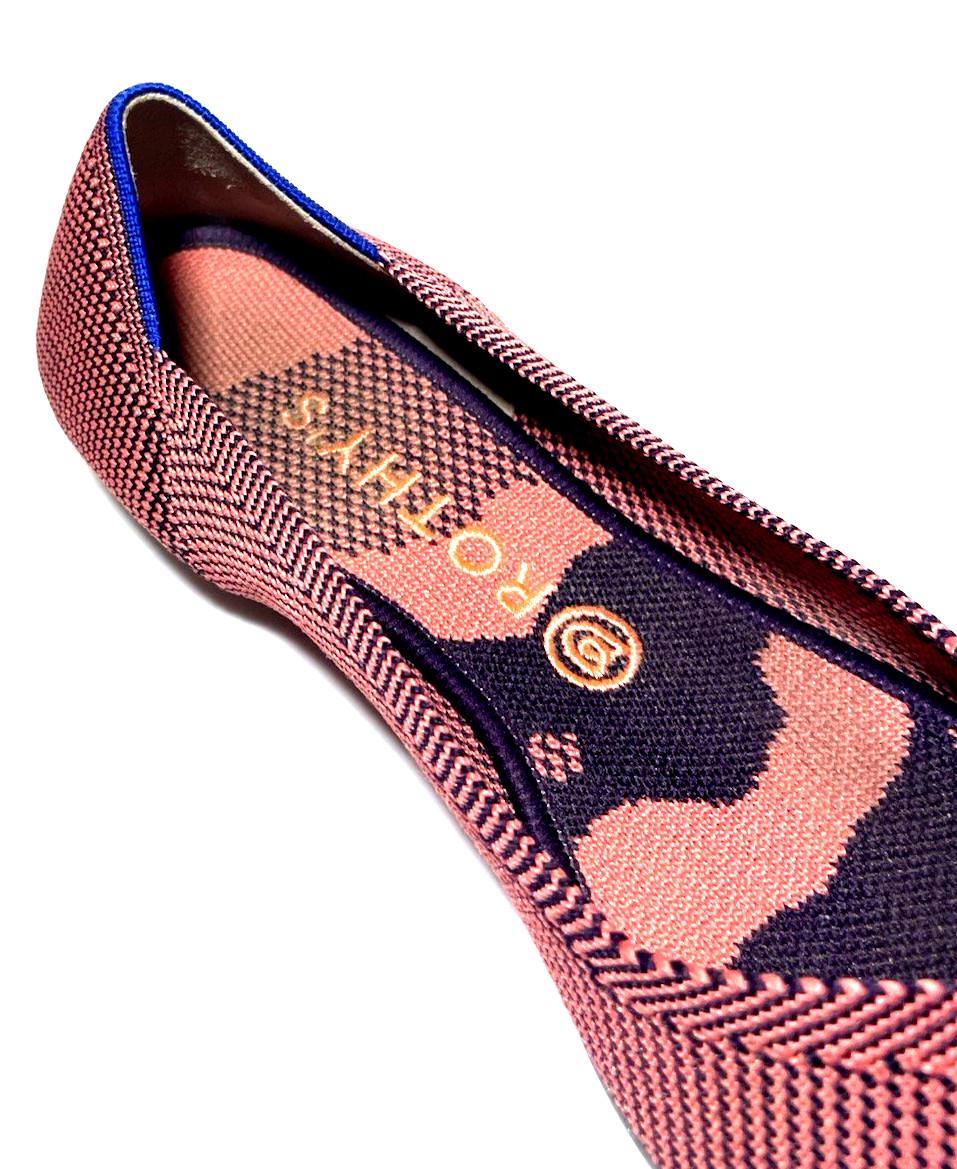 Rothy’s Pink and Navy Patterned Pointed Toe Flat, Size 10W, retired pattern
