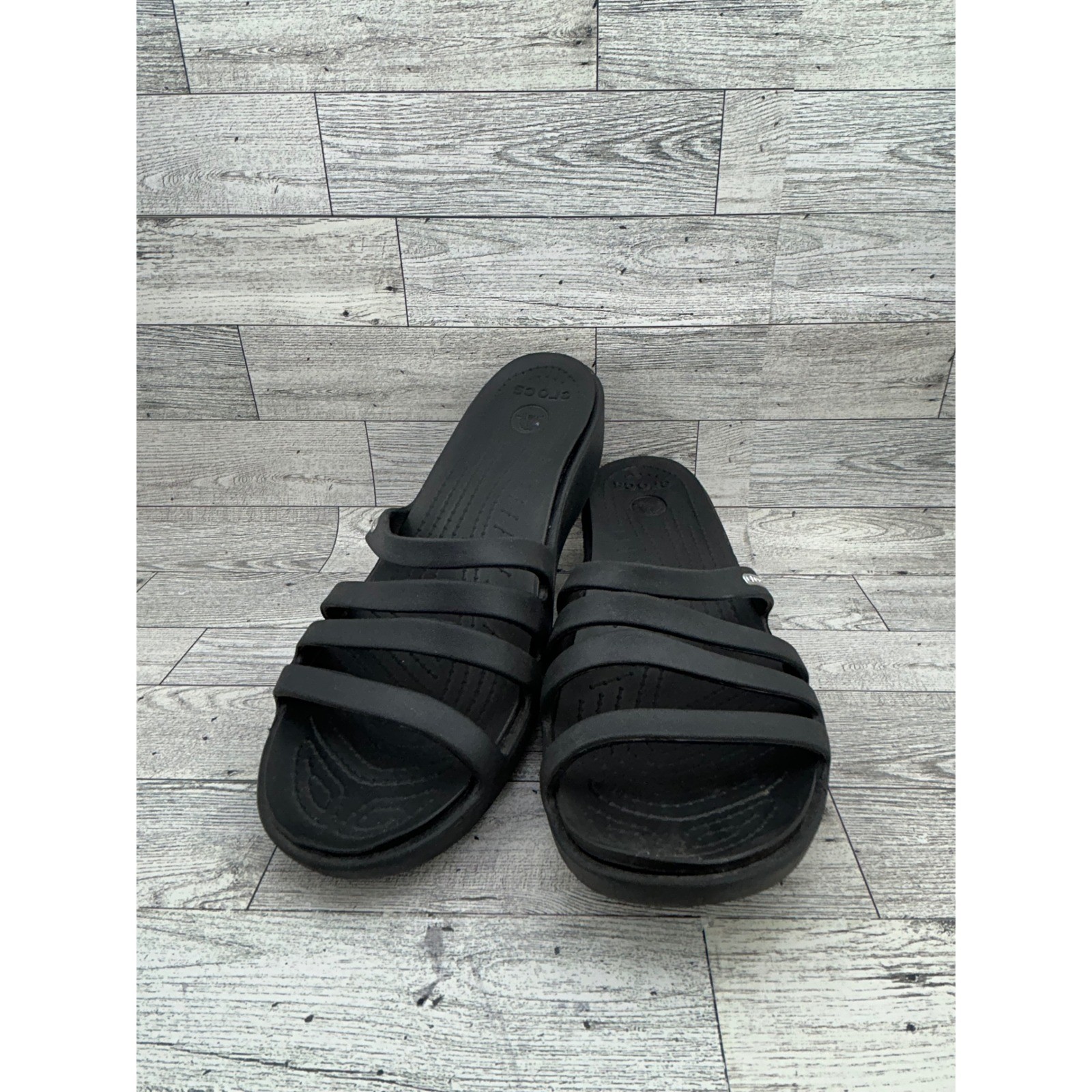 Crocs Women’s Rhonda Black Multi Strap Wedge Sandals Slides Comfort Size 11