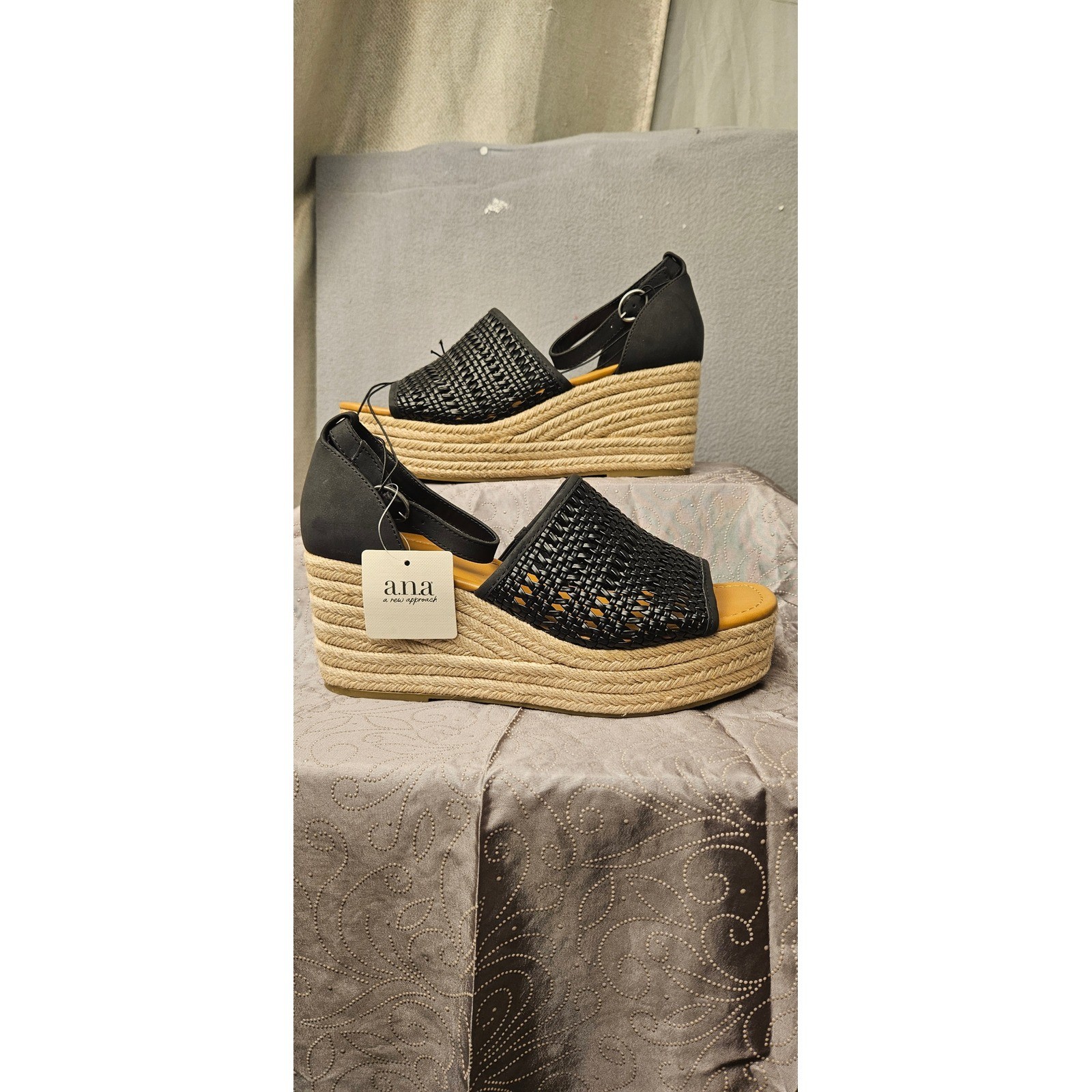 ANA Lisa Black Woven Espadrille Wedge Platform Sandals Womens 11 Medium NEW