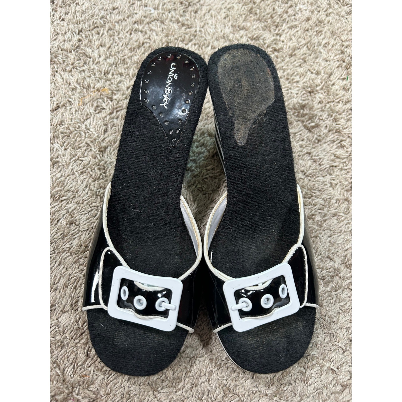 VTG Y2K 2000s Striped Wedge Sandals Buckle Slide Retro 7.5M Mod 90s *READ