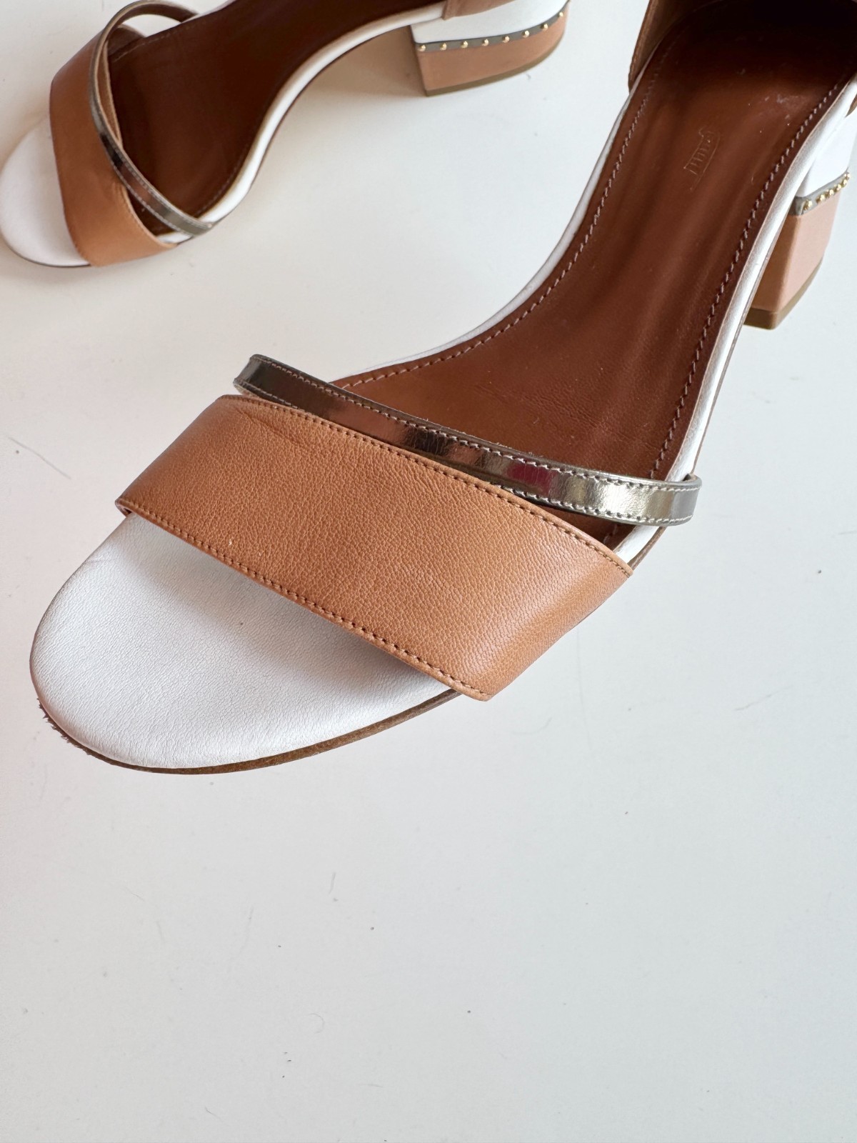 MAIYET Brown White Gold Colorblock Studded Stacked Block Heel Sandals, Size 39