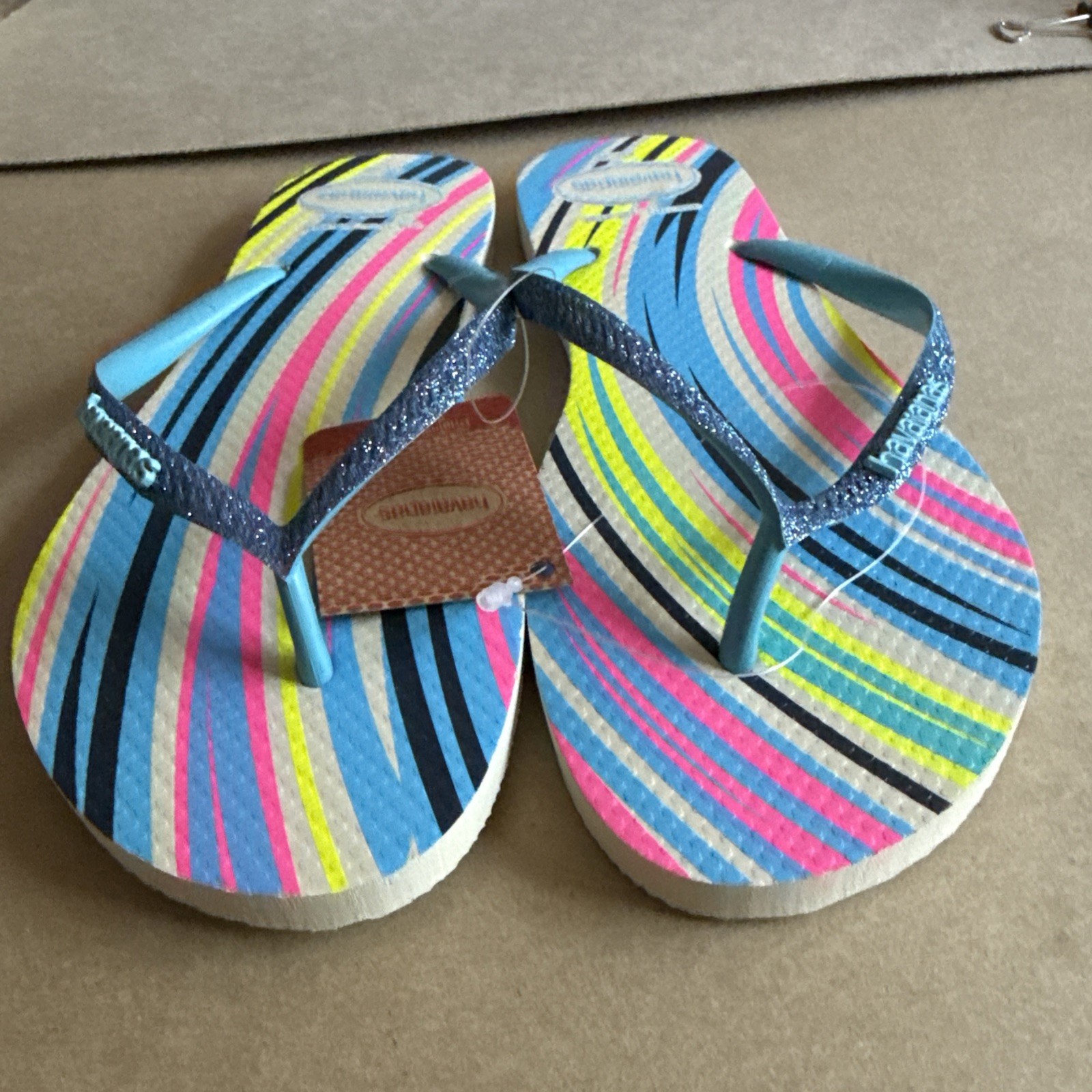 Havaianas Slim Multicolor Stripes Glittery Blue Straps Flip Flops EU 41/42 – New
