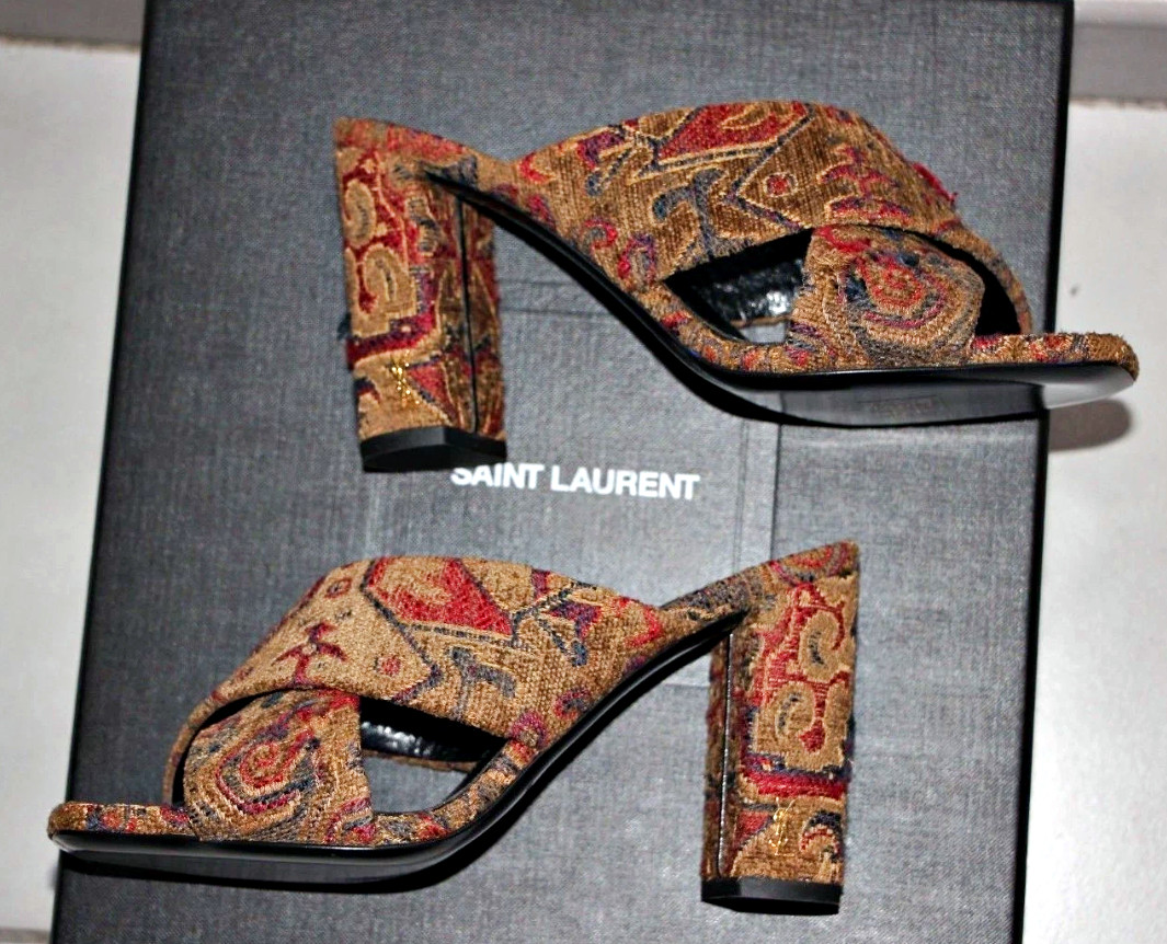 Saint Laurent LOULOU 95 SAFFRON ROUGE Jacquard Logo Heels Mule sz US 6 IT36 $895