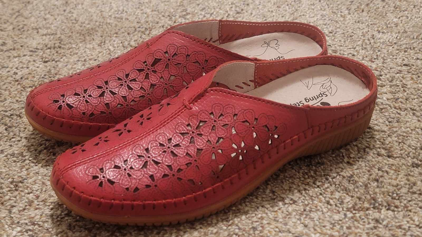 Womens Spring Step Parre Red Floral Cutouts Leather Slip On Clogs Shoes 5.5 6 36