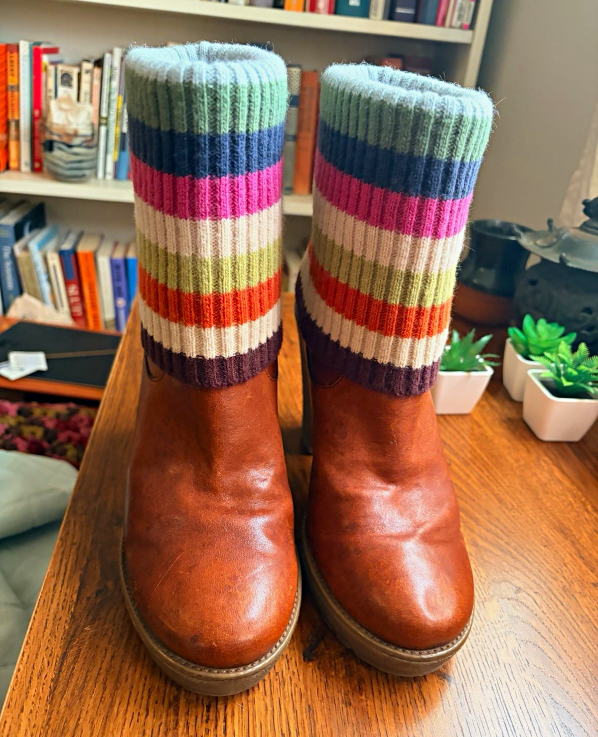 Coach Brown Leather Bootie Boots US 9 Legacy Striped Cuff Block Heel