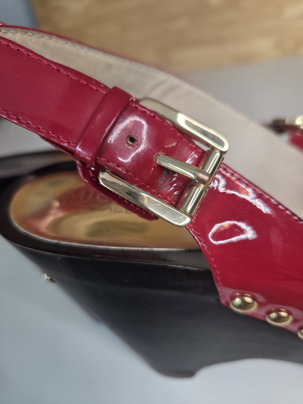 Michael Kors Red Patent Leather Platform Wedge Sandals Gold MK Logo Studded 8.5M