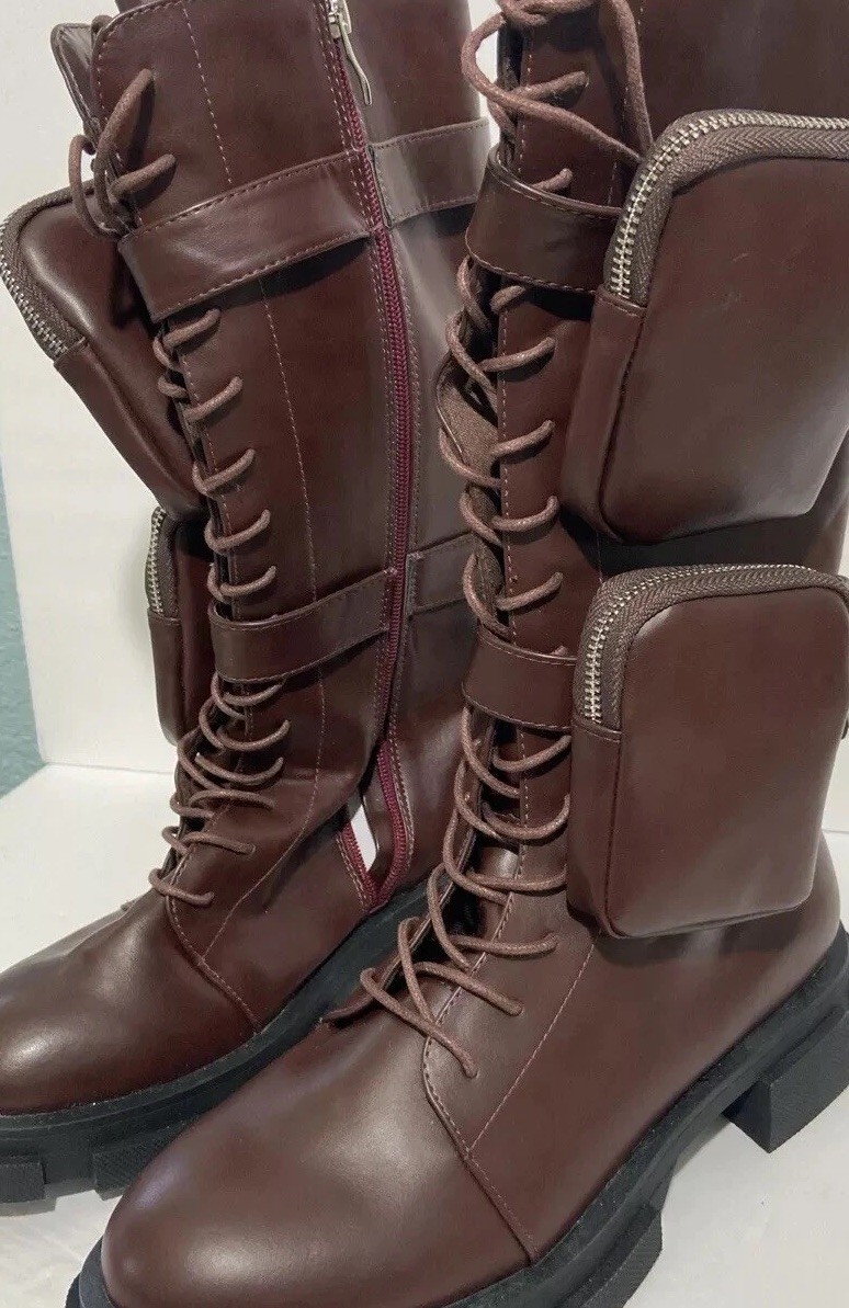 Liliana Women’s Calf High Moto Bike Boot Utility Pouches Lace Up Zip Sz 9.5(41)