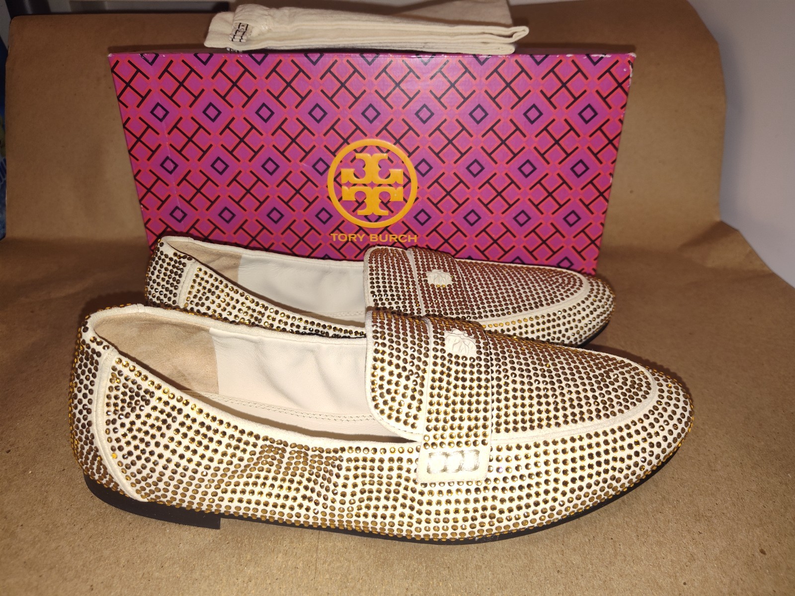 TORY BURCH CRYSTAL EMBELLISHED BALLET LOAFER SUEDE LEATHER NEW CREME LOGO Sz 10