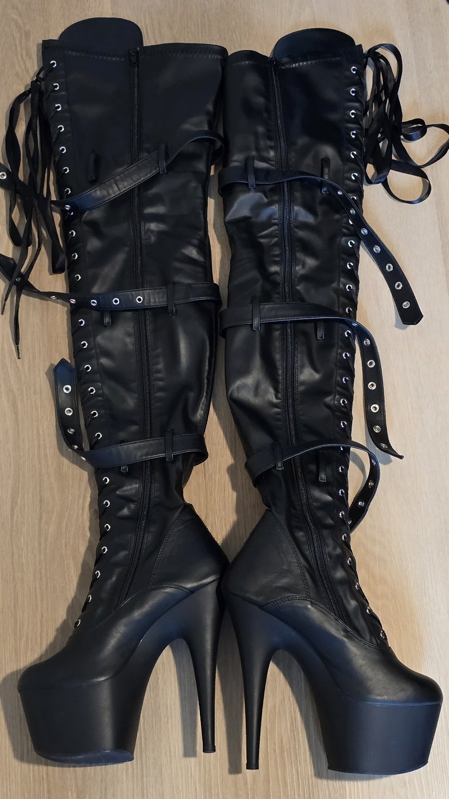 Pleaser Adore 3028 Matte Black Thigh High Platform Round Toe Boots US 10