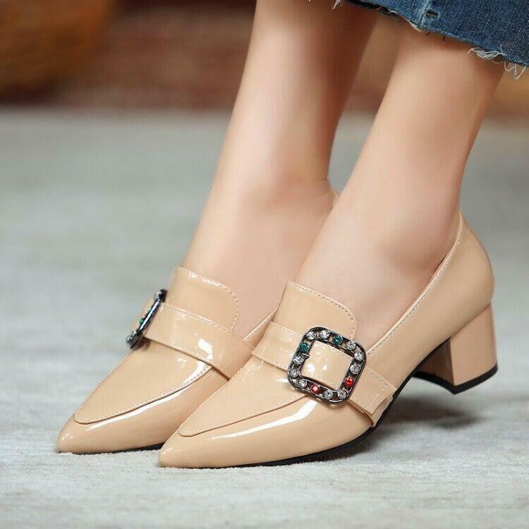 Women’s Block Heels Pointed Toe Rhinestone Pumps OL Work Business Formal Shoes
