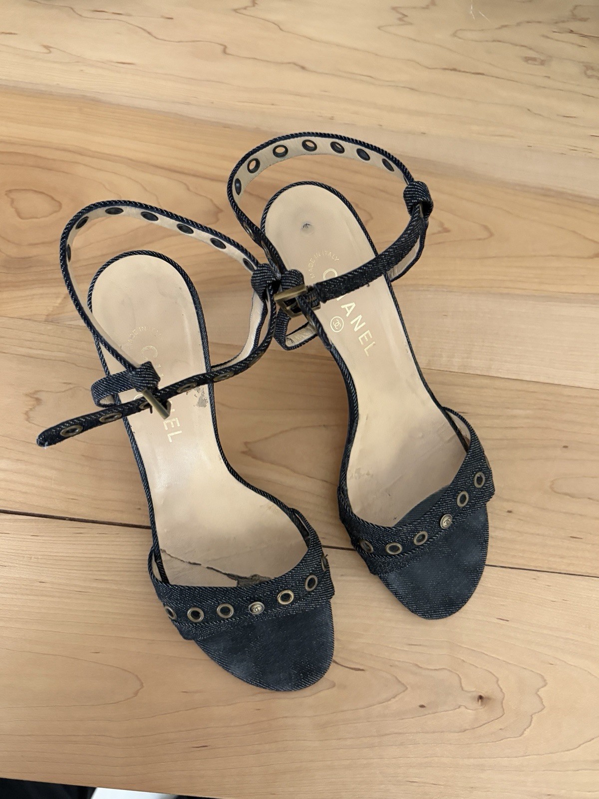 CHANEL Black Denim Strappy Ankle Strap Sandals Buckle Eyelet Solid 40.5