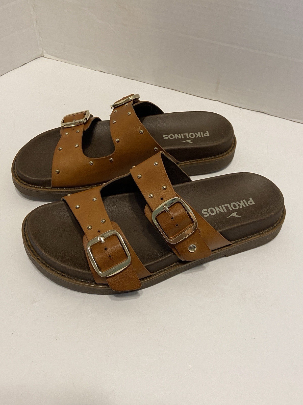 Pikolinos Aitana Brandy leather flat sandals, buckle rivet detail Size 7.5 / 8