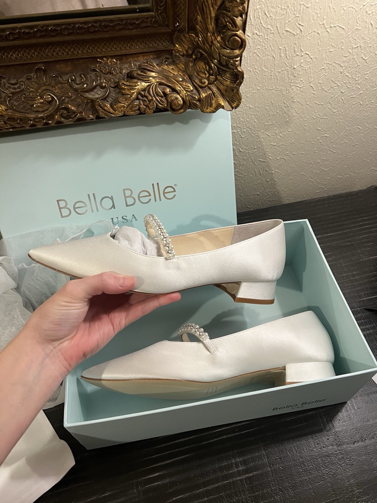Bella Belle Ivory Satin Pointed Toe Pearl Strap Wedding Shoes Women US 9