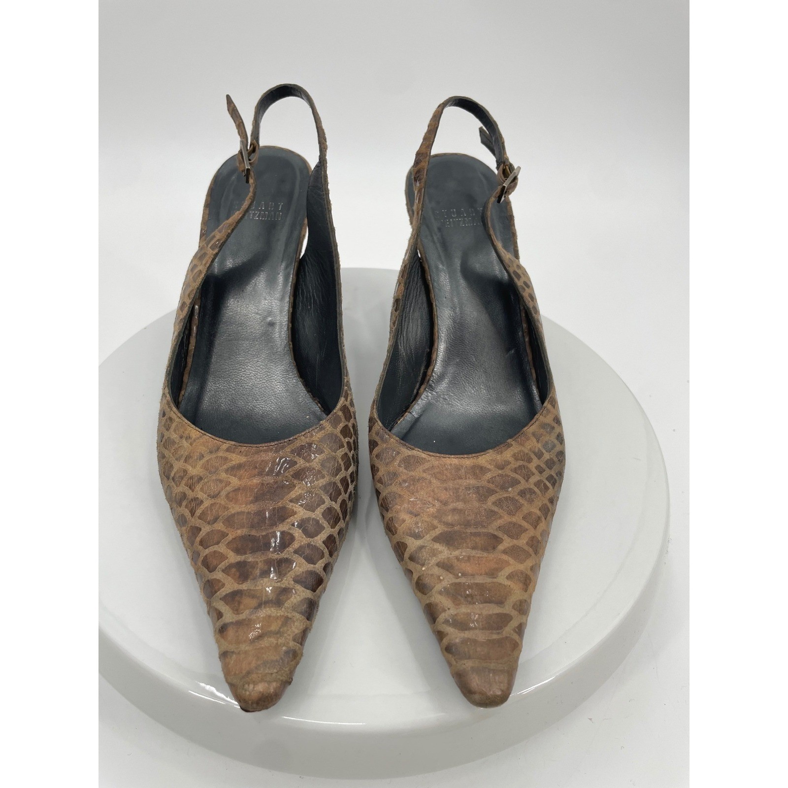 Stuart Weitzman Slingback Pumps Womens 8.5 Brown Leather Snakeskin Pointed Heel