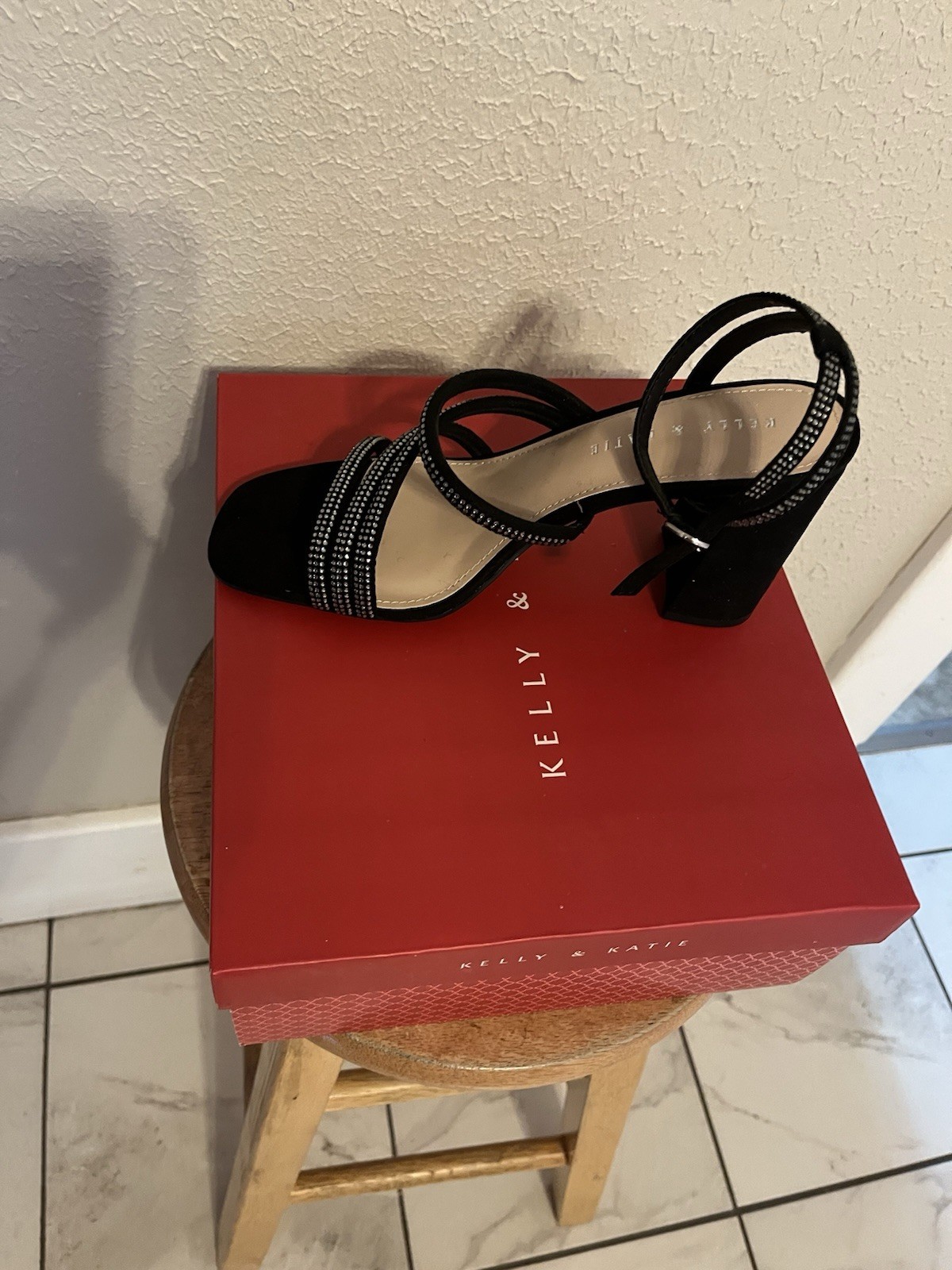 Kelly & Katie Black Microsuede Rhinestone Strappy Ankle Strap Block Heel 7.5M
