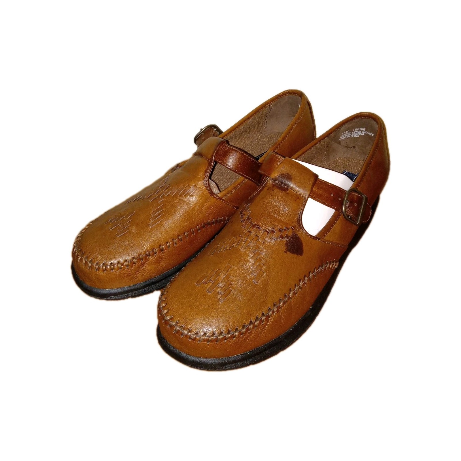 Vtg Sonoma Mary Jane Loafers Womens 11 Brown Woven Leather Buckle Preppy Boho